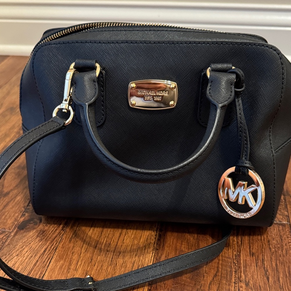 Michael Kors Black Saffiano Dome Satchel with Gold Hardware